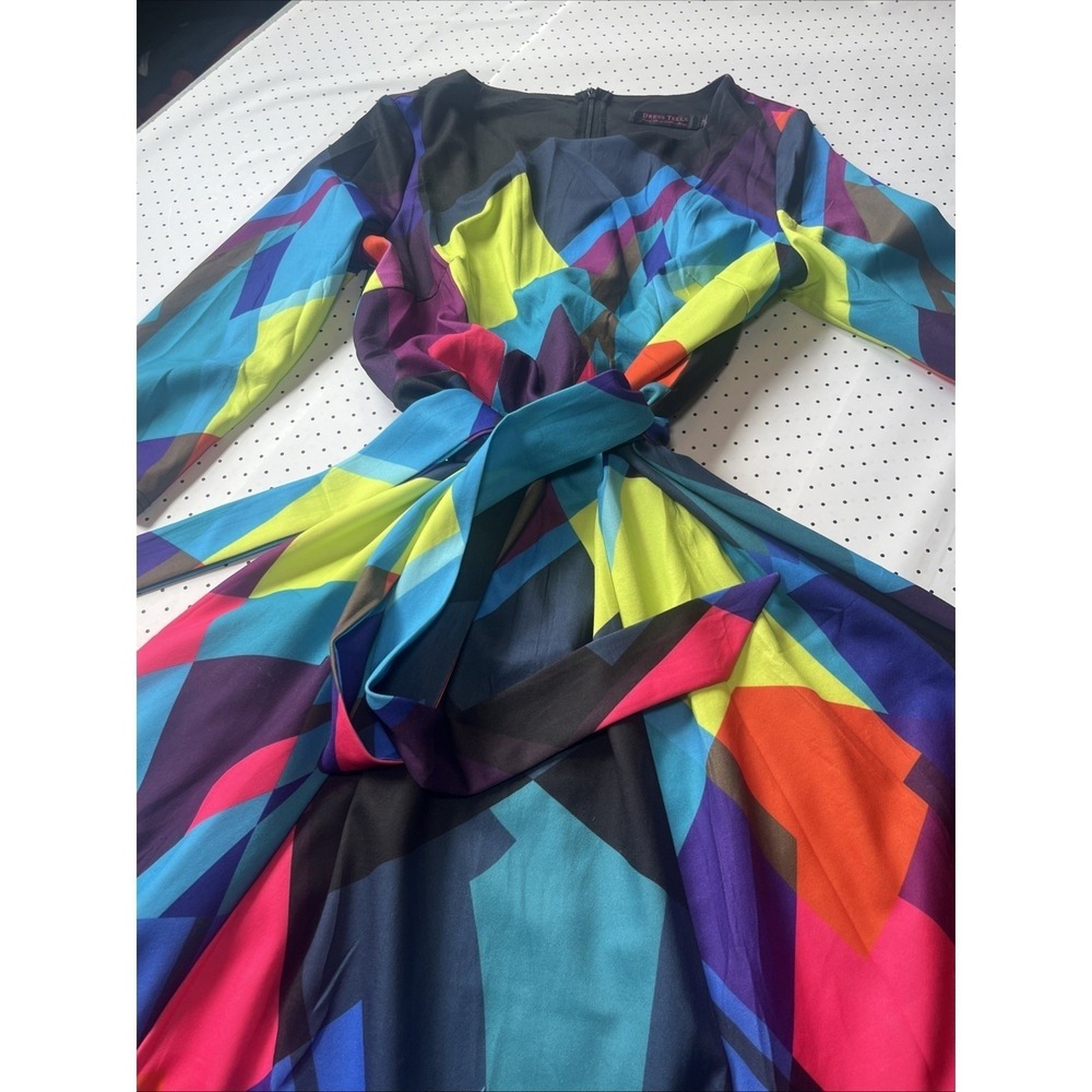 Colorblock Geometric Fit Flare Midi Dress Tie Waist Neon Abstract Retro M - Picture 4 of 11